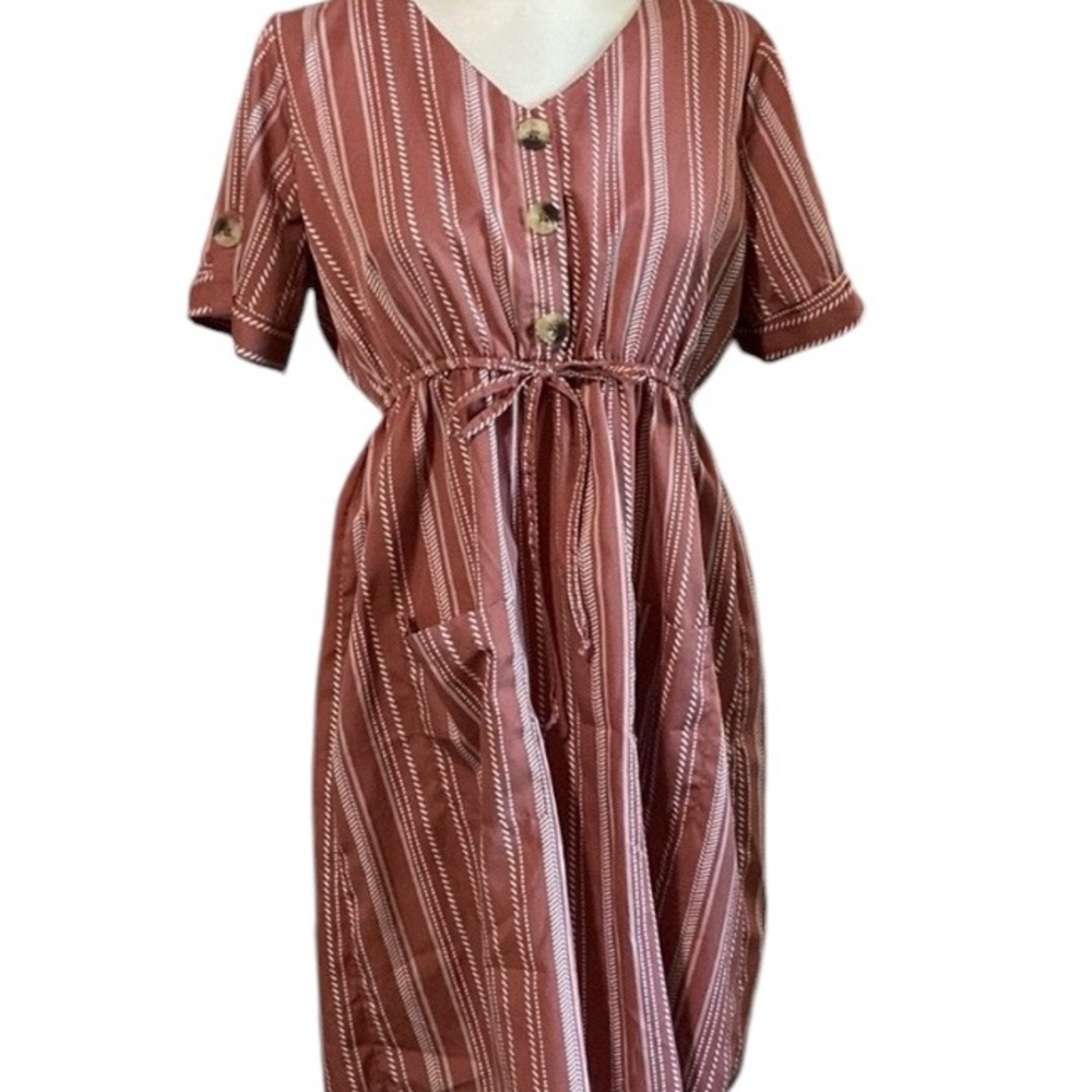 Blush Dress Belted Short Sleeve Mauve Pockets Stripes Size Small